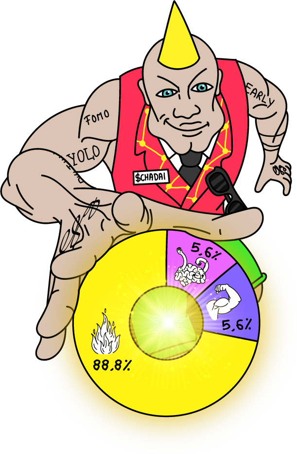 Chad mascot holding a glowing donut chart like a power ring